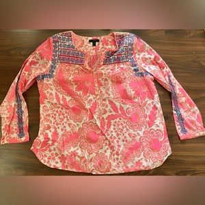 J. CREW Floral Embroidered Peasant Blouse Size 10 Pink Blue